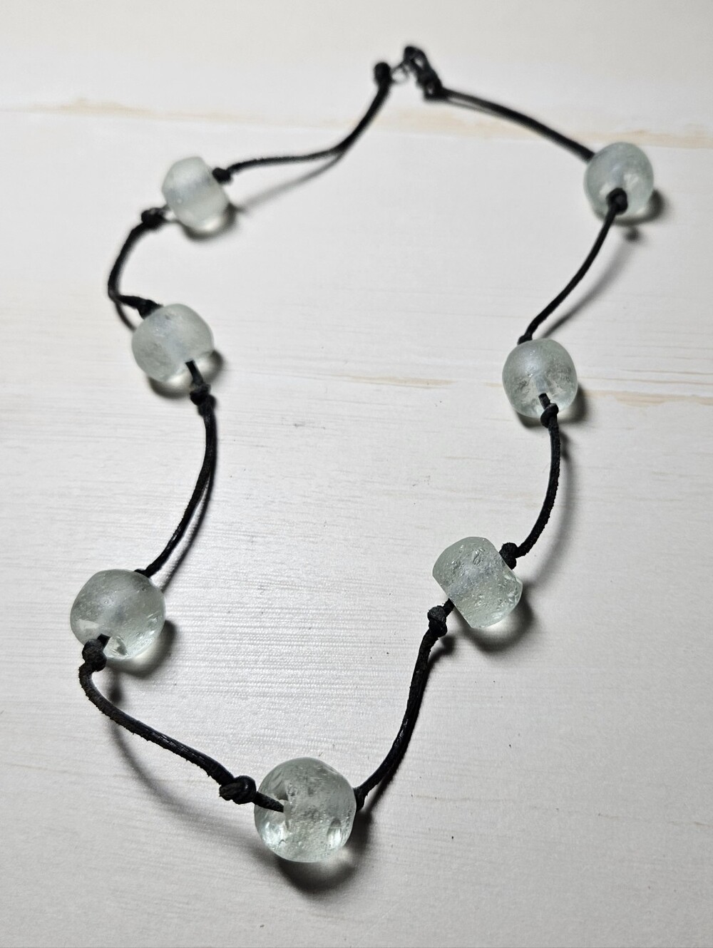 Artisan Krobo Recycled Glass Bead Necklace | Minimalist Seafoam Aqua & Waxed